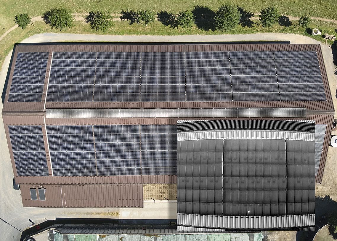 A thermal IR image of a farm rooftop solar array.