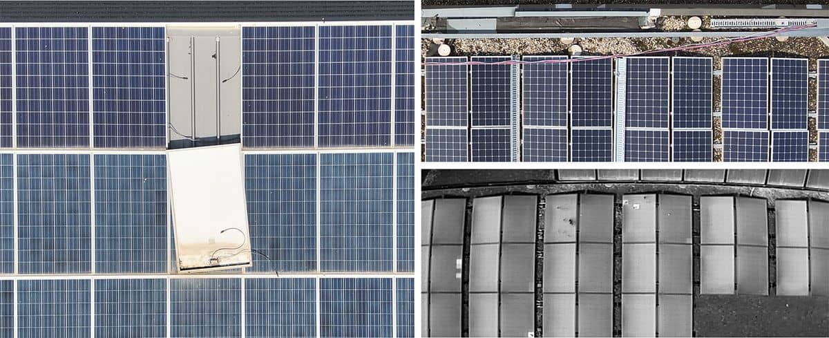 Three grouped images of rooftop solar panel defects